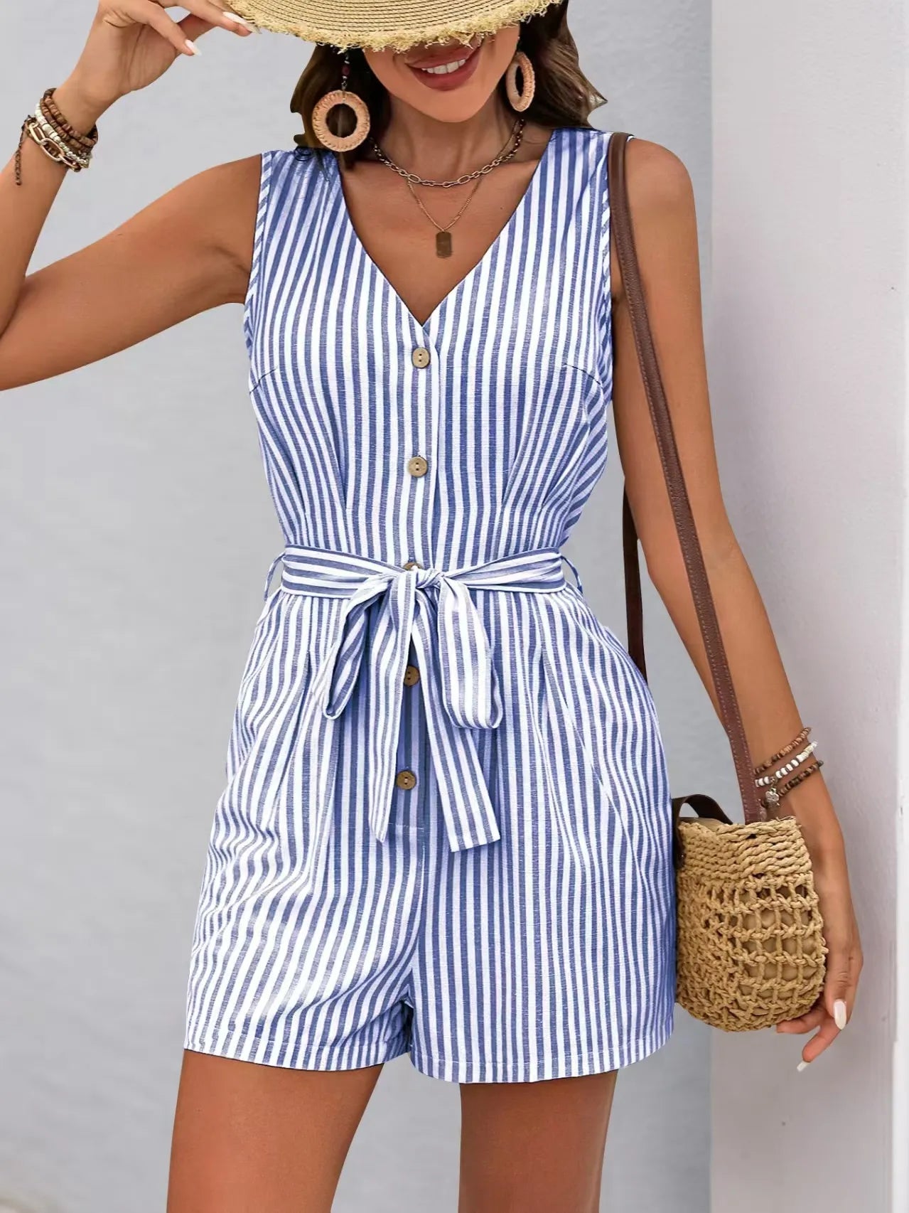 Striped V-neck Button Front Belted Romper-tidenox