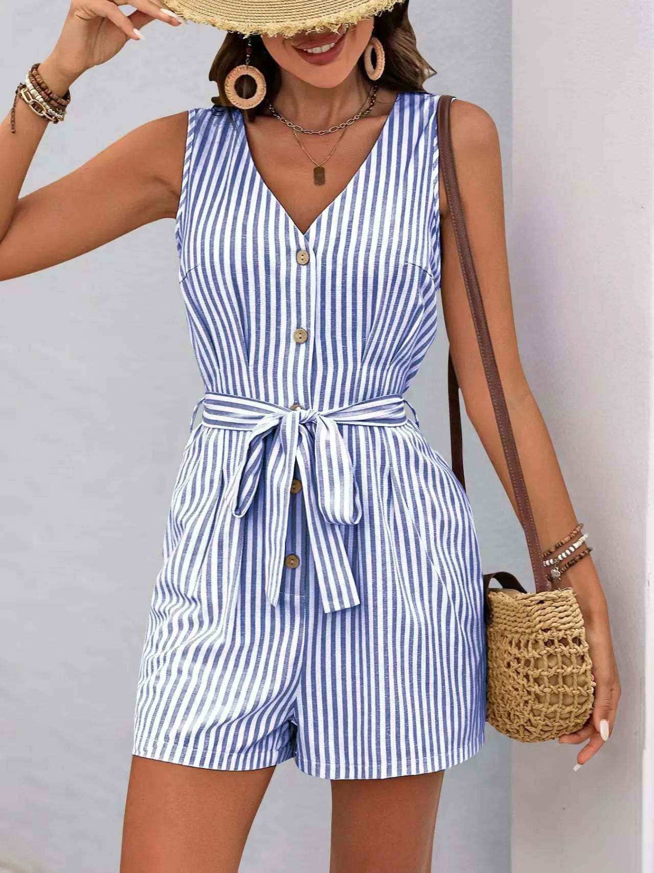 Striped V-neck Button Front Belted Romper-tidenox