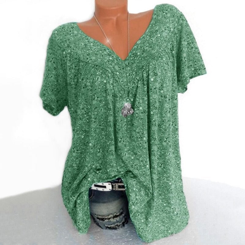 Summer V-neck Loose Short sleeve Print Casual Women's T shirt-tidenox