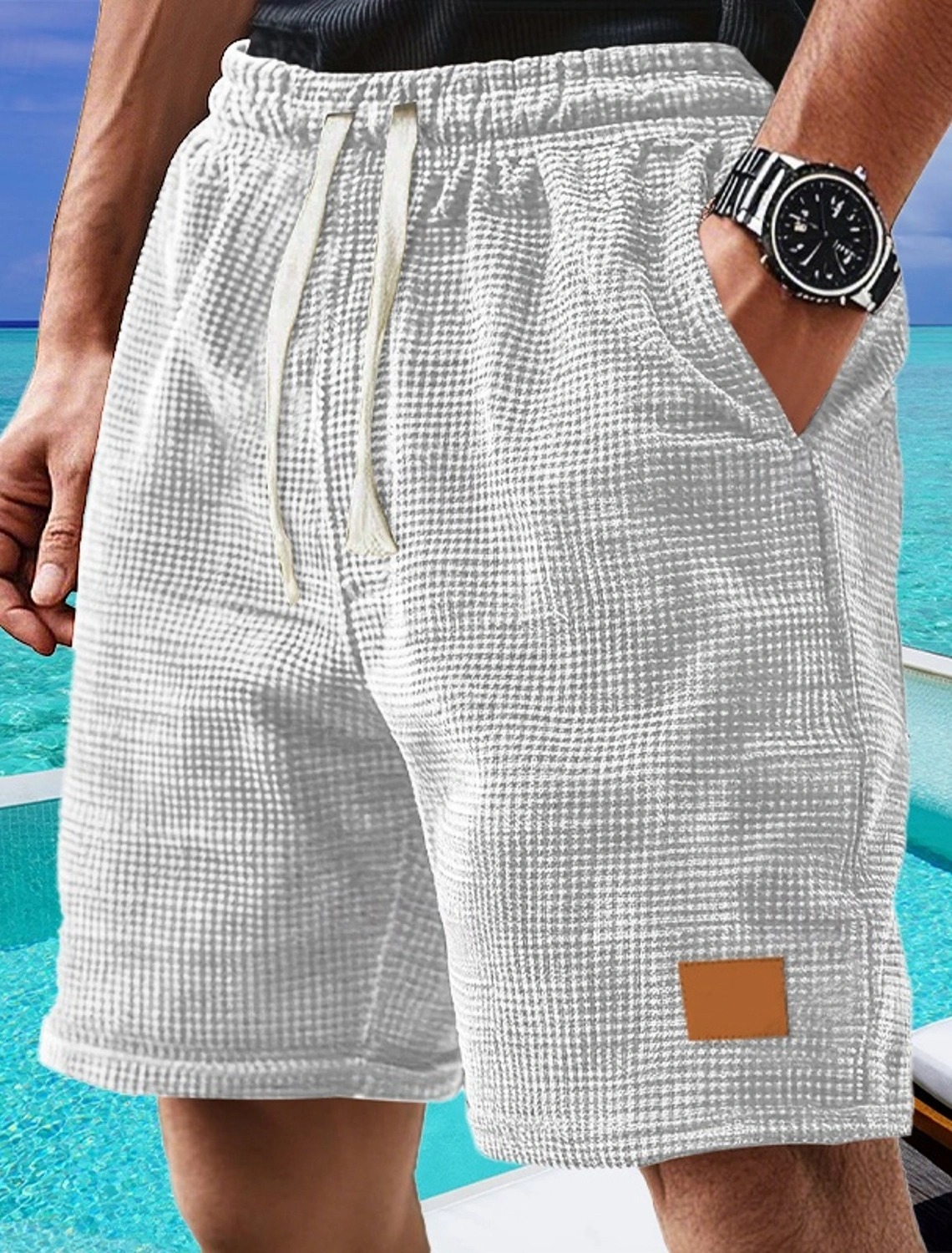 Men's Waffle Shorts Casual Shorts with Pockets, Elastic Waistband, Flat Front