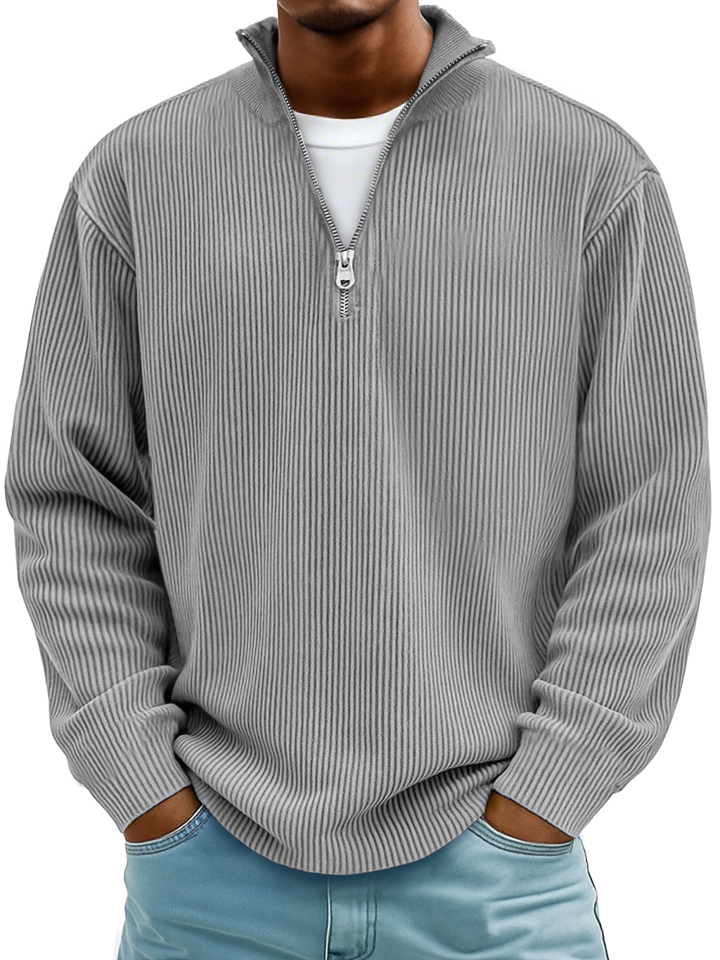 Men's Simple Casual Ribbed Stand Collar Zipper Long Sleeve T-shirt-tidenox