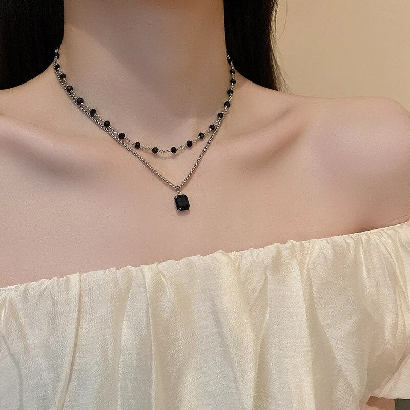 Black Pearl Double Strand Silver Necklace-tidenox