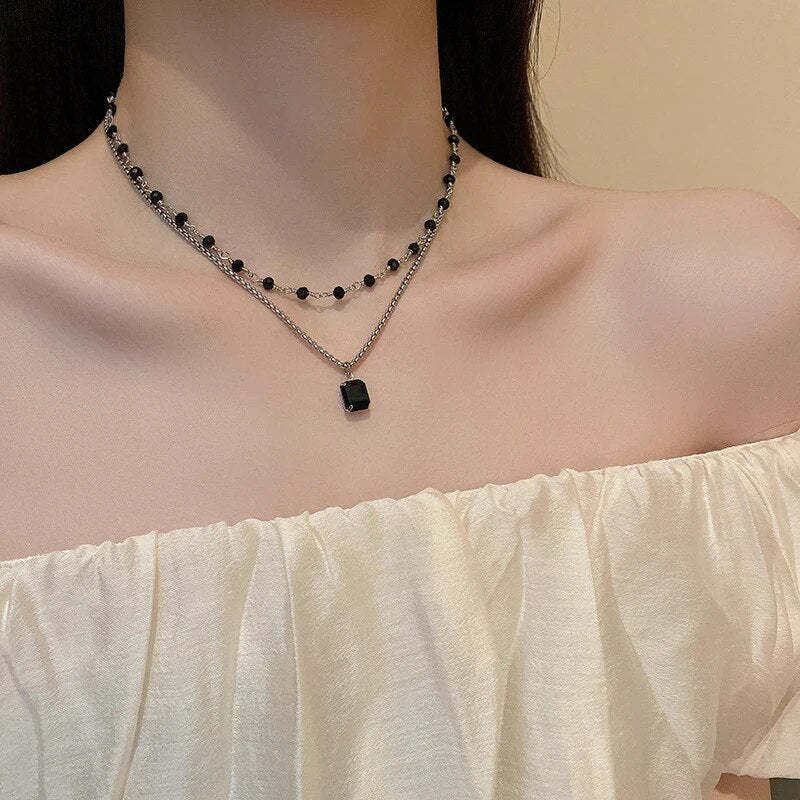 Black Pearl Double Strand Silver Necklace-tidenox