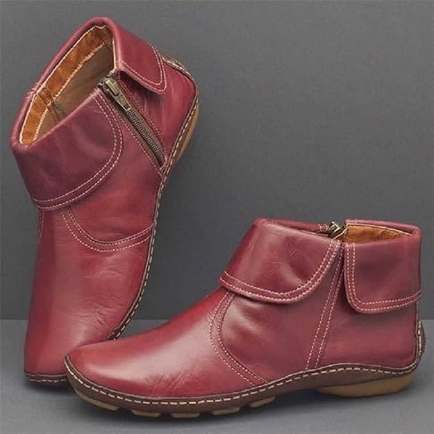 (⏳NOW ON: 49% OFF Sale! 🔥)Retro Women Walking Arch Support Boots Faux Leather Zip Flat Ankle Booties Shoes