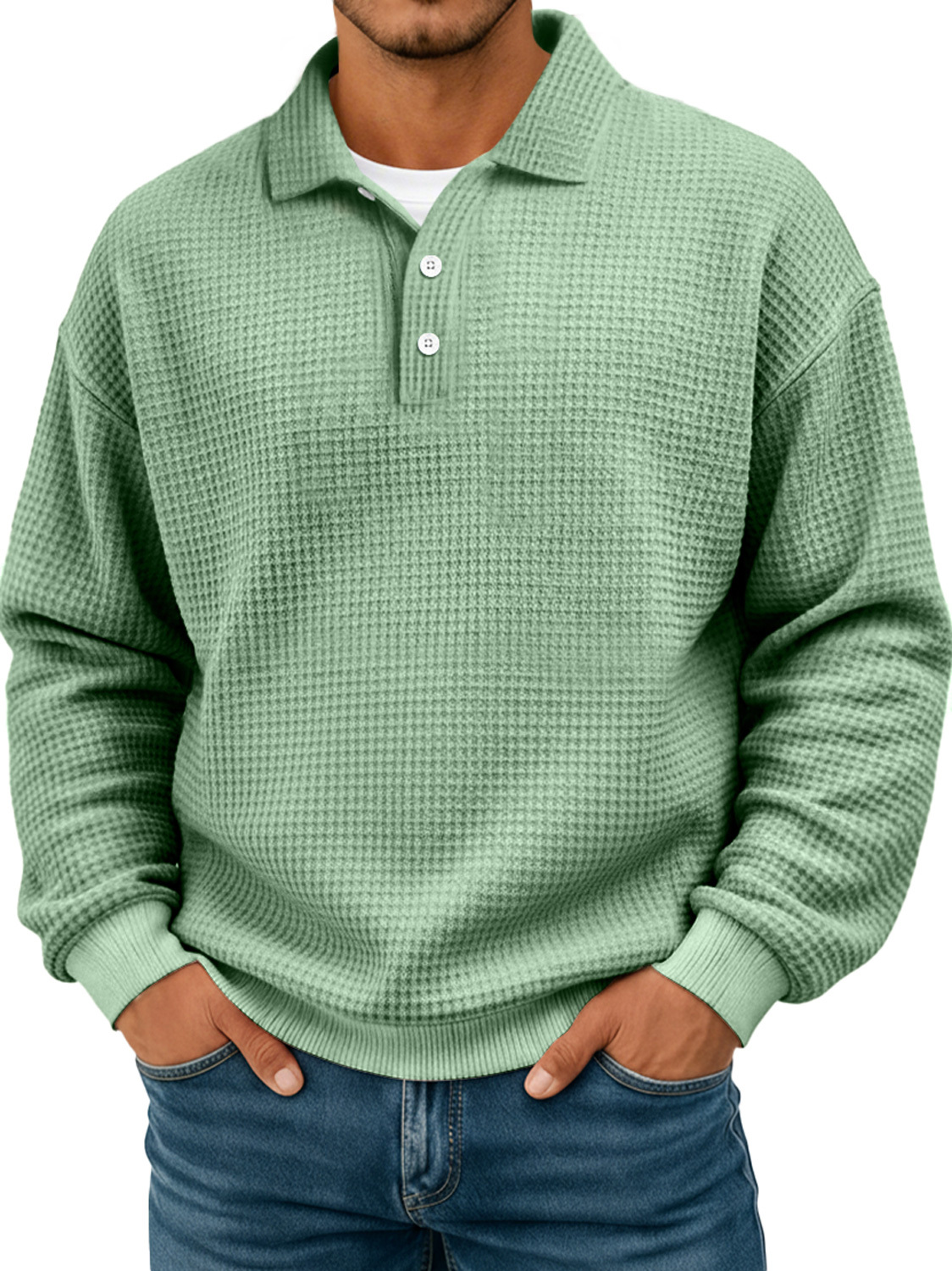 Simple waffle texture lapel button casual long-sleeved POLO shirt-tidenox