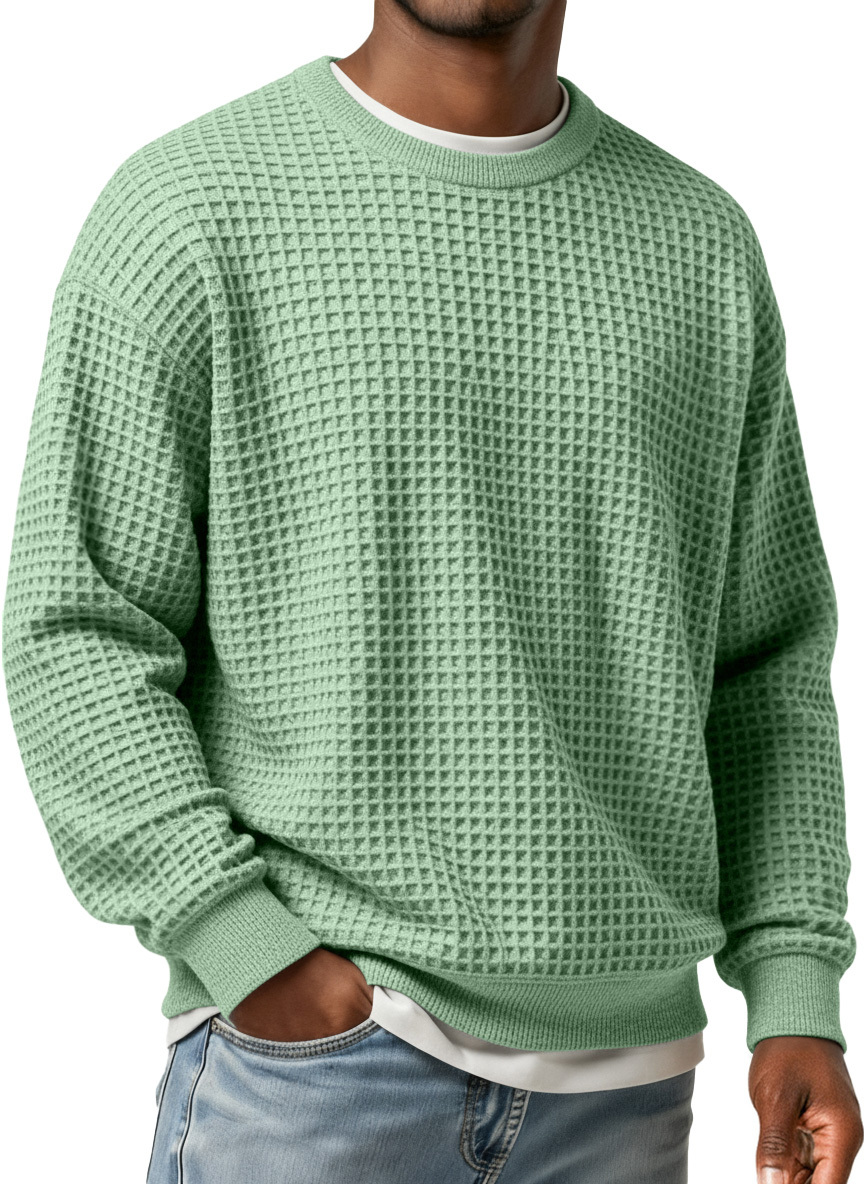 Men's Simple Waffle Round Neck Loose Casual Long-sleeved T-shirt-tidenox