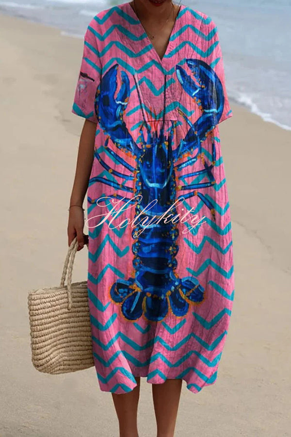 Unique Marine Print V-neck Short-sleeved Midi Dress-tidenox