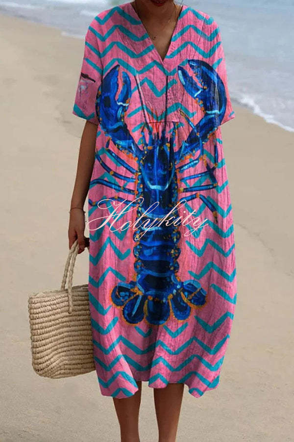 Unique Marine Print V-neck Short-sleeved Midi Dress-tidenox