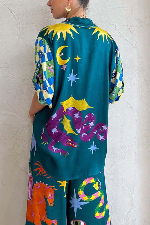 Beachy Chic Linen Blend Unique Print Button Down Oversized Blouse-tidenox