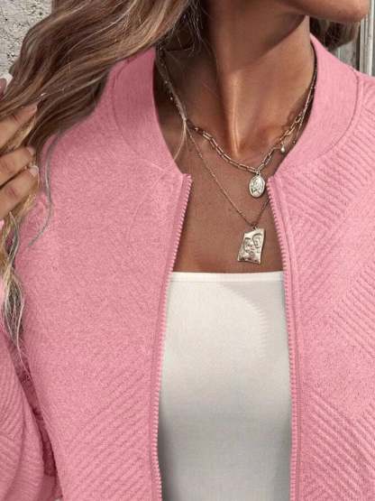 Full Size Zip Up Long Sleeve Textured Jacket Plus Size-tidenox