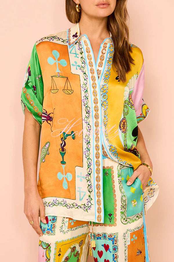 Funny Poker Summer Satin Unique Print Button Down Oversized Blouse-tidenox
