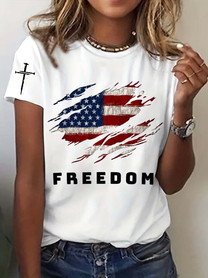 Women's Freedom American Flag Print Casual T-shirt-tidenox