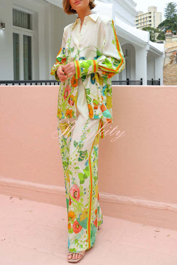 Antibes Satin Floral Print Back Tie-up Button Down Oversized Blouse-tidenox