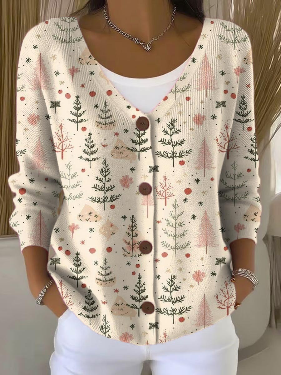 Women's Christmas Tree Art Print Buttoned Cardigan Sweater-tidenox