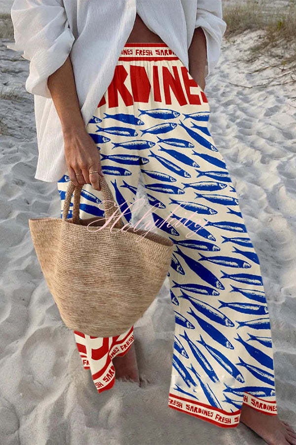 Unique Marine Print Elastic Waist Loose Pocket Pants-tidenox