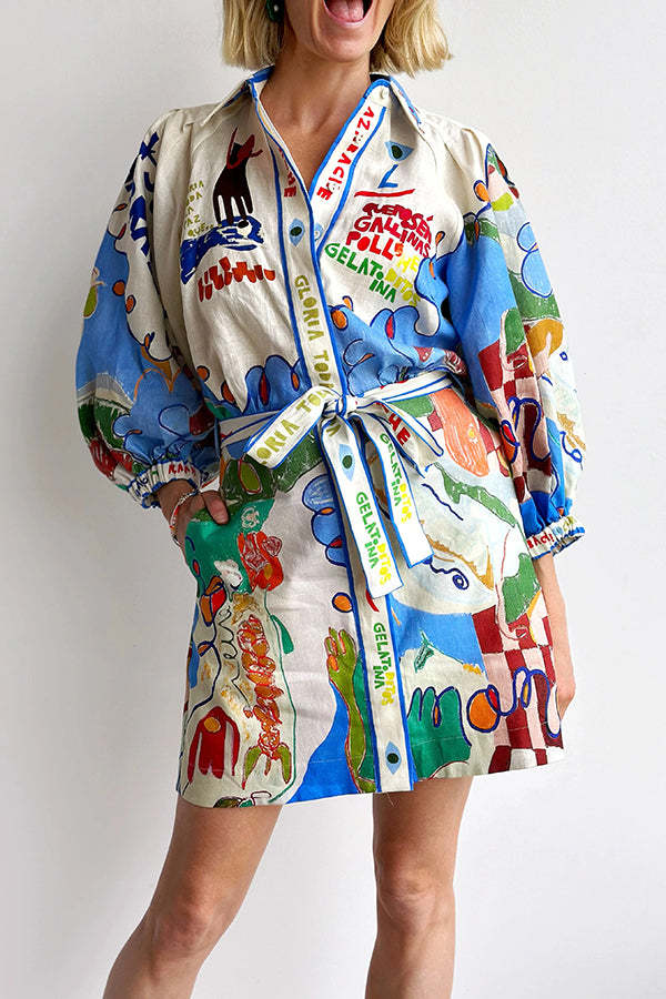 Phebe Linen Blend Unique Print Pocket Waist Tie Mini Dress-tidenox