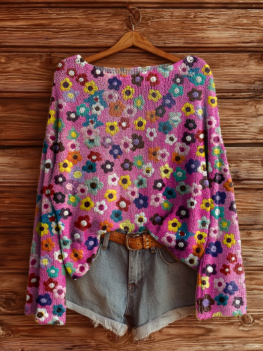 Women's Vintage Floral Art Print Casual Pullover Sweater-tidenox