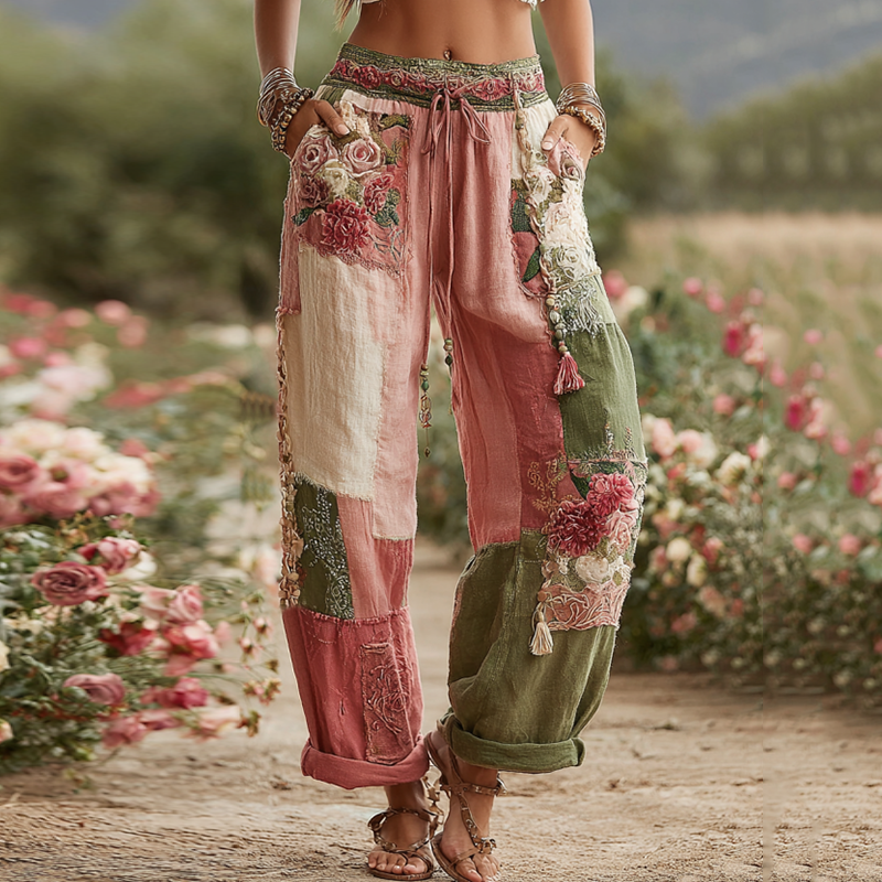 Love & Health Collection Retro Rose And Floral Patchwork Art Linen Pants-tidenox