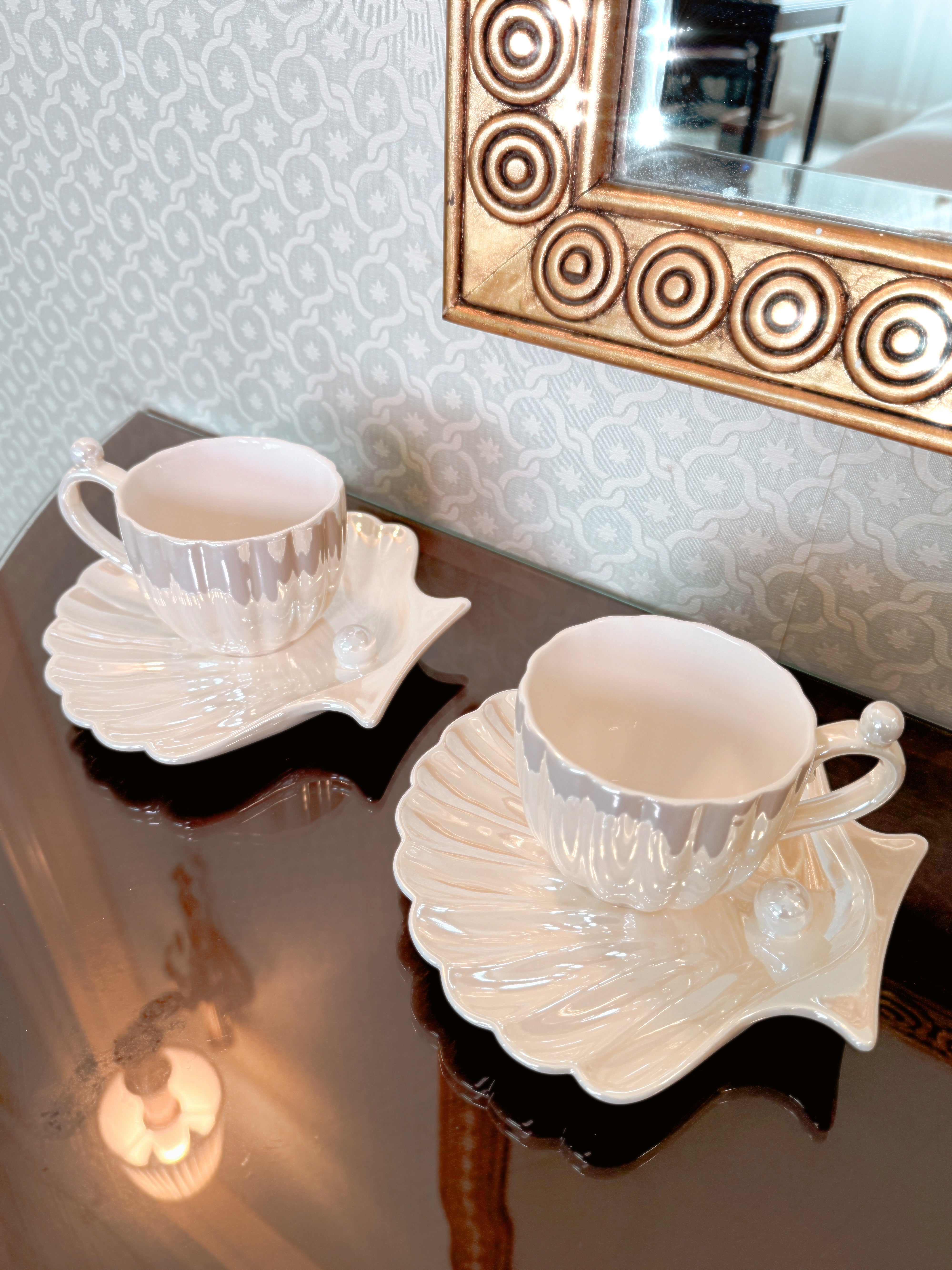 Marée de Pearl – Seashell Ceramic Teacup & Plate Set (Set of 2)-tidenox