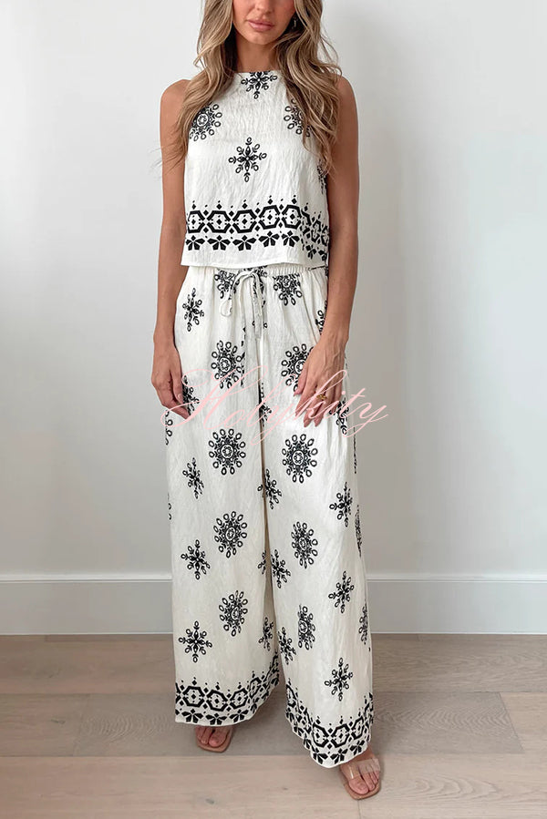 Unique Printed Round Neck Sleeveless Button Top and Elastic Waist Pocket Wide Leg Pants Set-tidenox