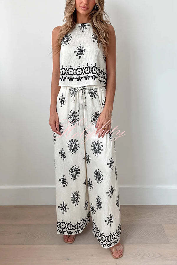 Unique Printed Round Neck Sleeveless Button Top and Elastic Waist Pocket Wide Leg Pants Set-tidenox