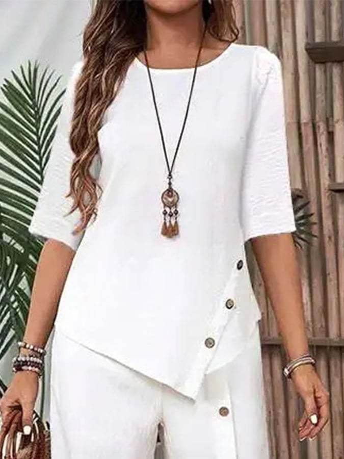 Casual Button Short Sleeve Shirt Irregular Hem Pants Set-tidenox