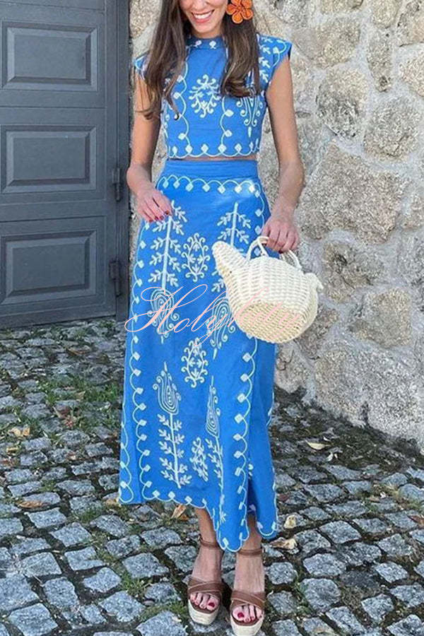 Rima Linen Blend Ethnic Print Crop Top & Tire-up Wrap Midi Skirt Set-tidenox