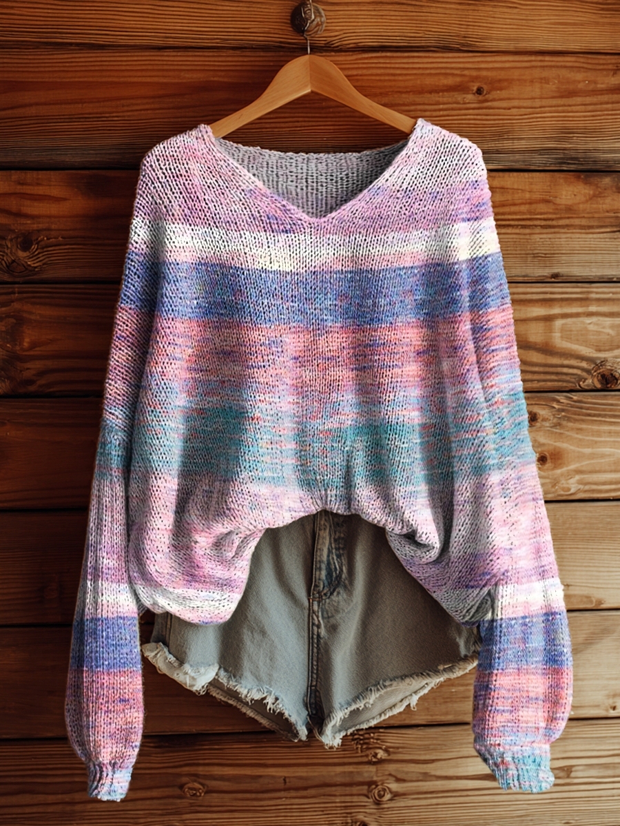 Women's Retro Stripe Print Casual V Neck Pullover Sweater-tidenox