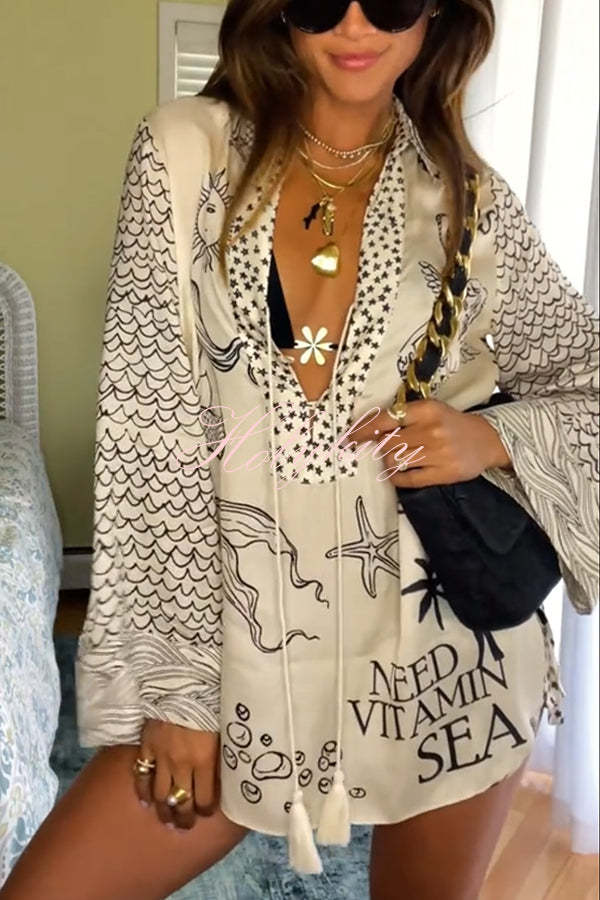 Live By Water Satin Unique Print Tassle Shirt and Elastic Waist Shorts Set-tidenox