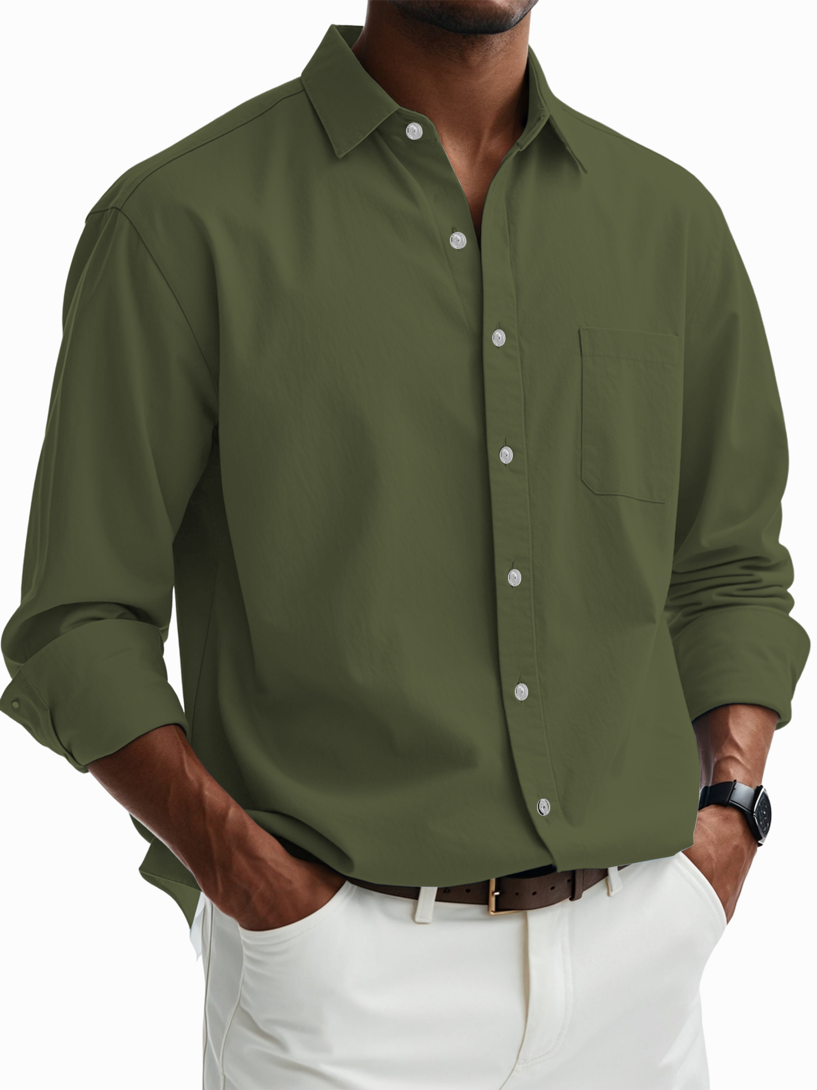 Men's Casual Cotton Pocket Basic Long Sleeve Shirt-tidenox