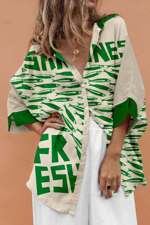 Unique Marine Print Casual Loose Shirt Top-tidenox