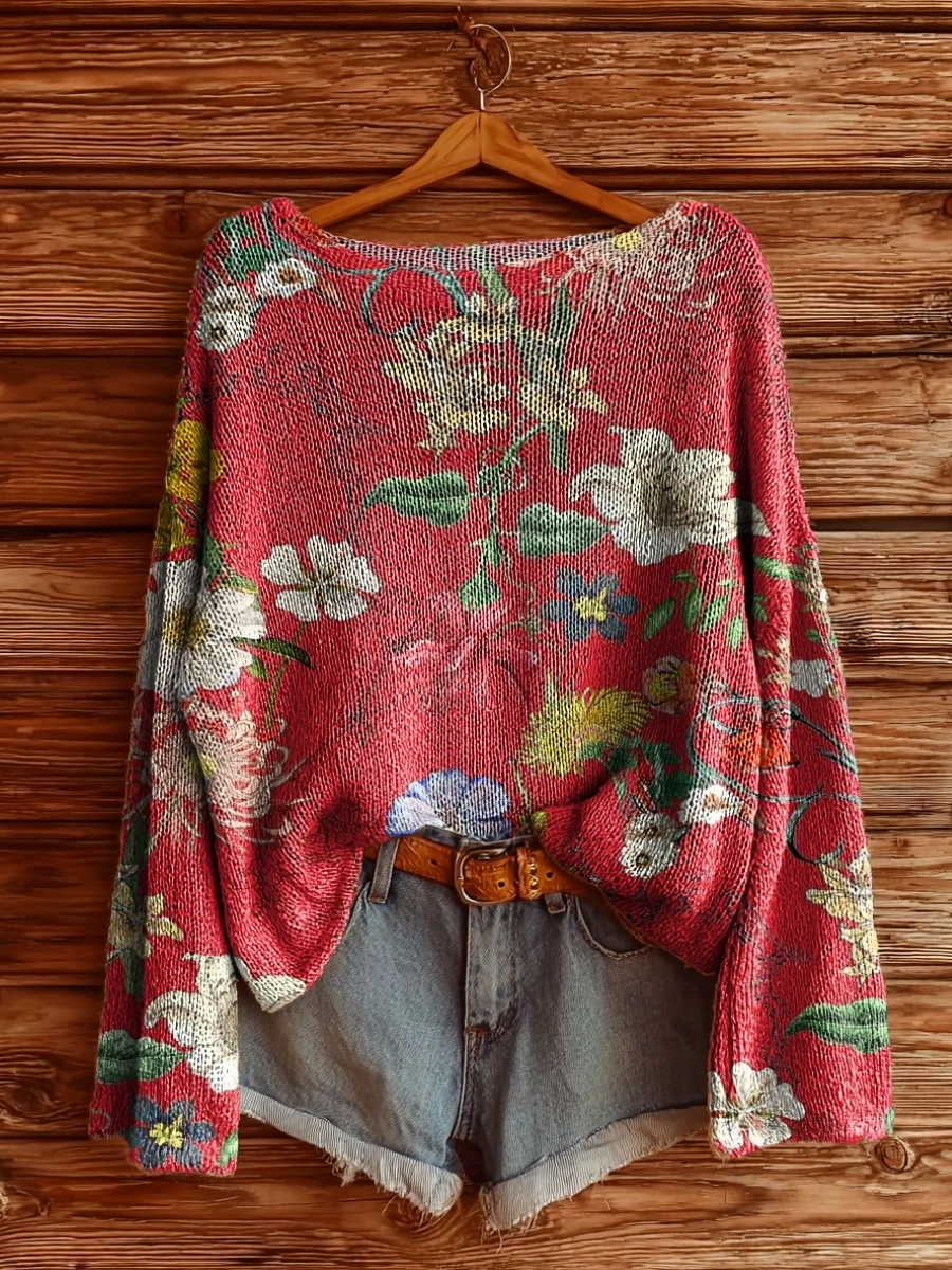 Women's Folk Flowers Art Pattern Print Casual Pullover Sweater-tidenox