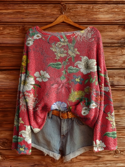 Women's Folk Flowers Art Pattern Print Casual Pullover Sweater-tidenox