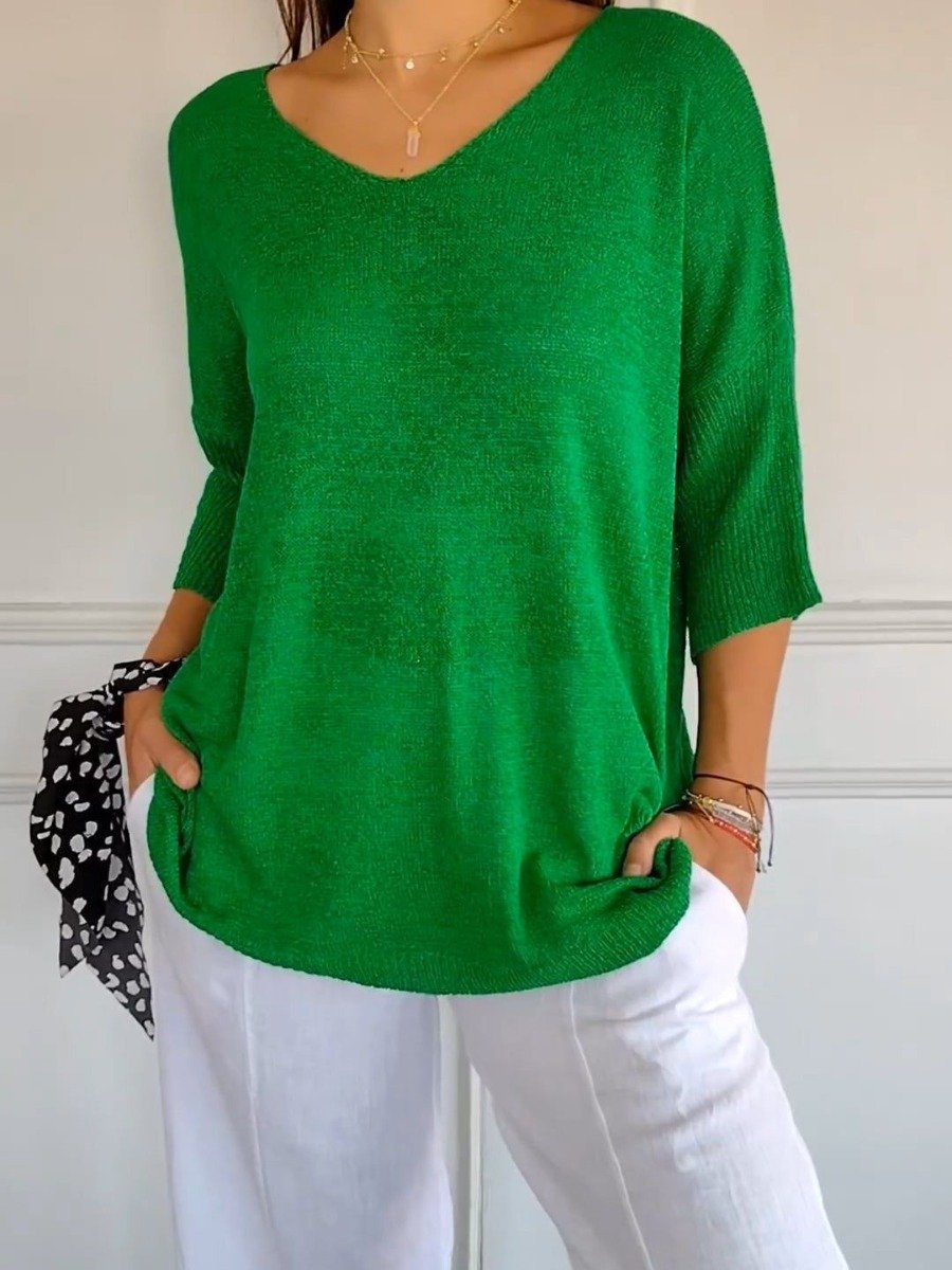 Solid Color Knitted V-neck Top-tidenox