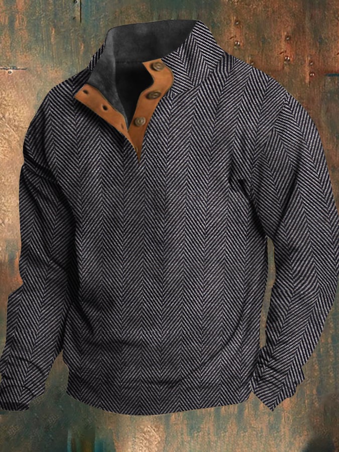 Men's Western Vintage Herringbone Print Design Stand Collar Button-Down Sweatshirt-tidenox