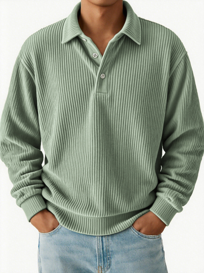  Men's Vintage Corduroy Pit Striped Casual Long Sleeve Polo Shirt-tidenox