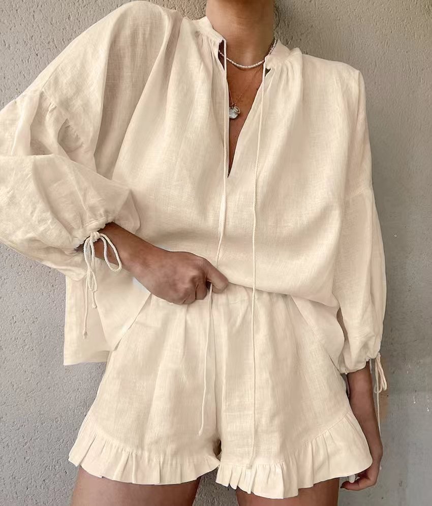 Women's Lantern Sleeve Drawstring Shirt and Shorts Set-tidenox