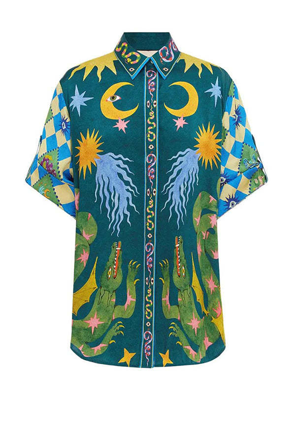 Beachy Chic Linen Blend Unique Print Button Down Oversized Blouse-tidenox