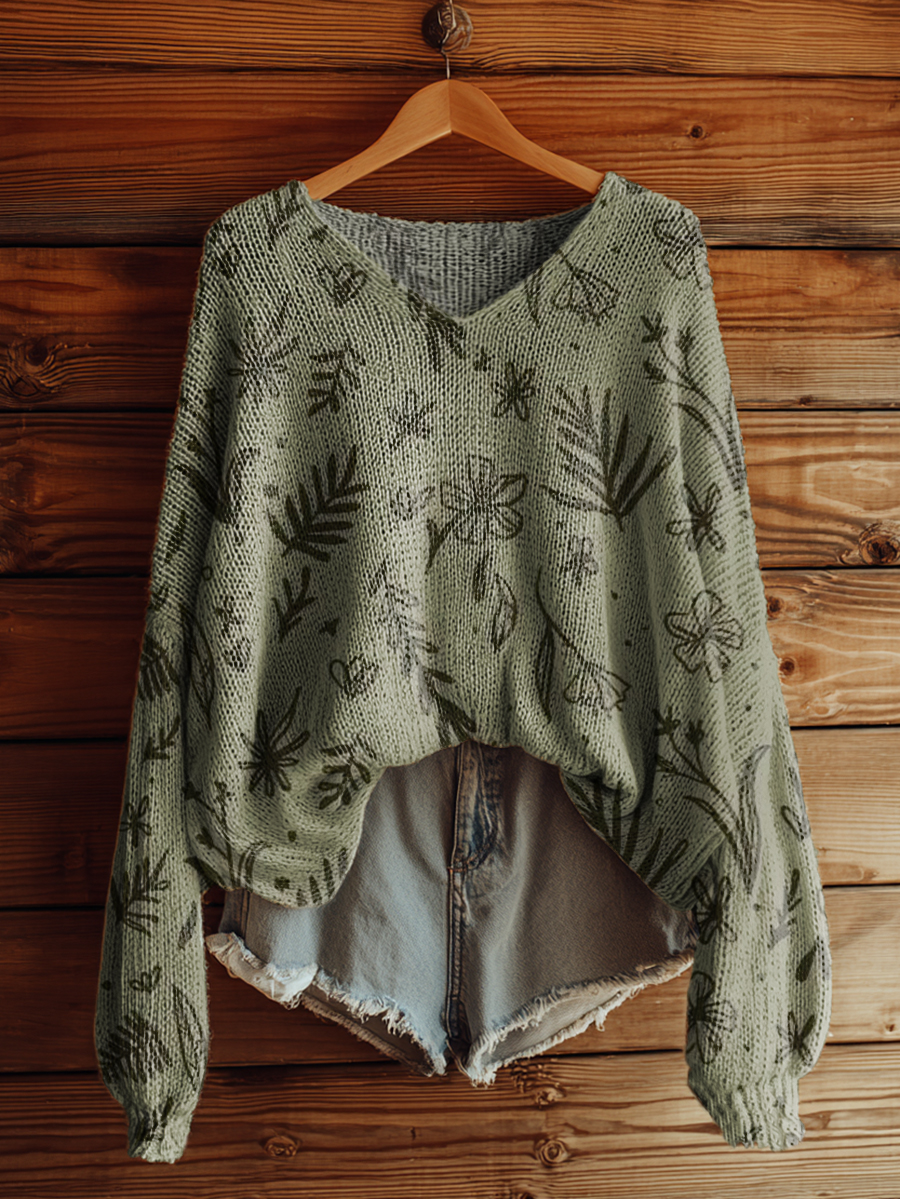 Women's Vintage Floral Art Print Casual Pullover Sweater-tidenox