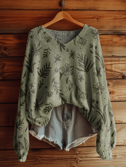 Women's Vintage Floral Art Print Casual Pullover Sweater-tidenox