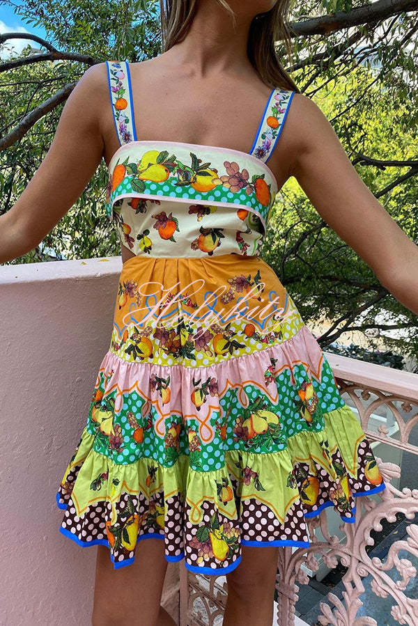 Sweet and Sour Summer Multicolor Lemon Print Pleated Hem Mini Dress-tidenox