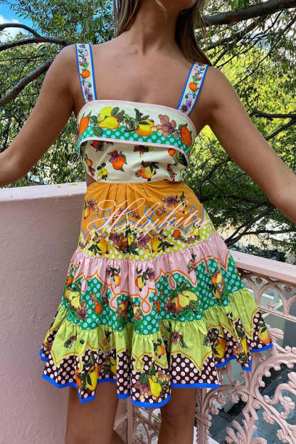 Sweet and Sour Summer Multicolor Lemon Print Pleated Hem Mini Dress-tidenox