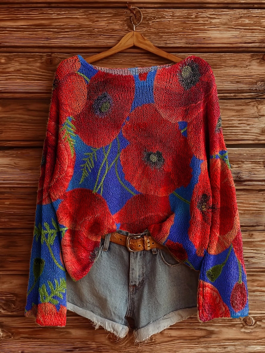 Women's Floral Art Pattern Print Casual Pullover Sweater-tidenox