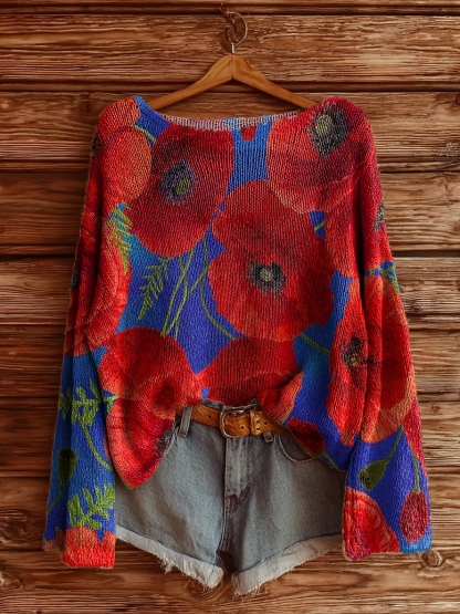 Women's Floral Art Pattern Print Casual Pullover Sweater-tidenox