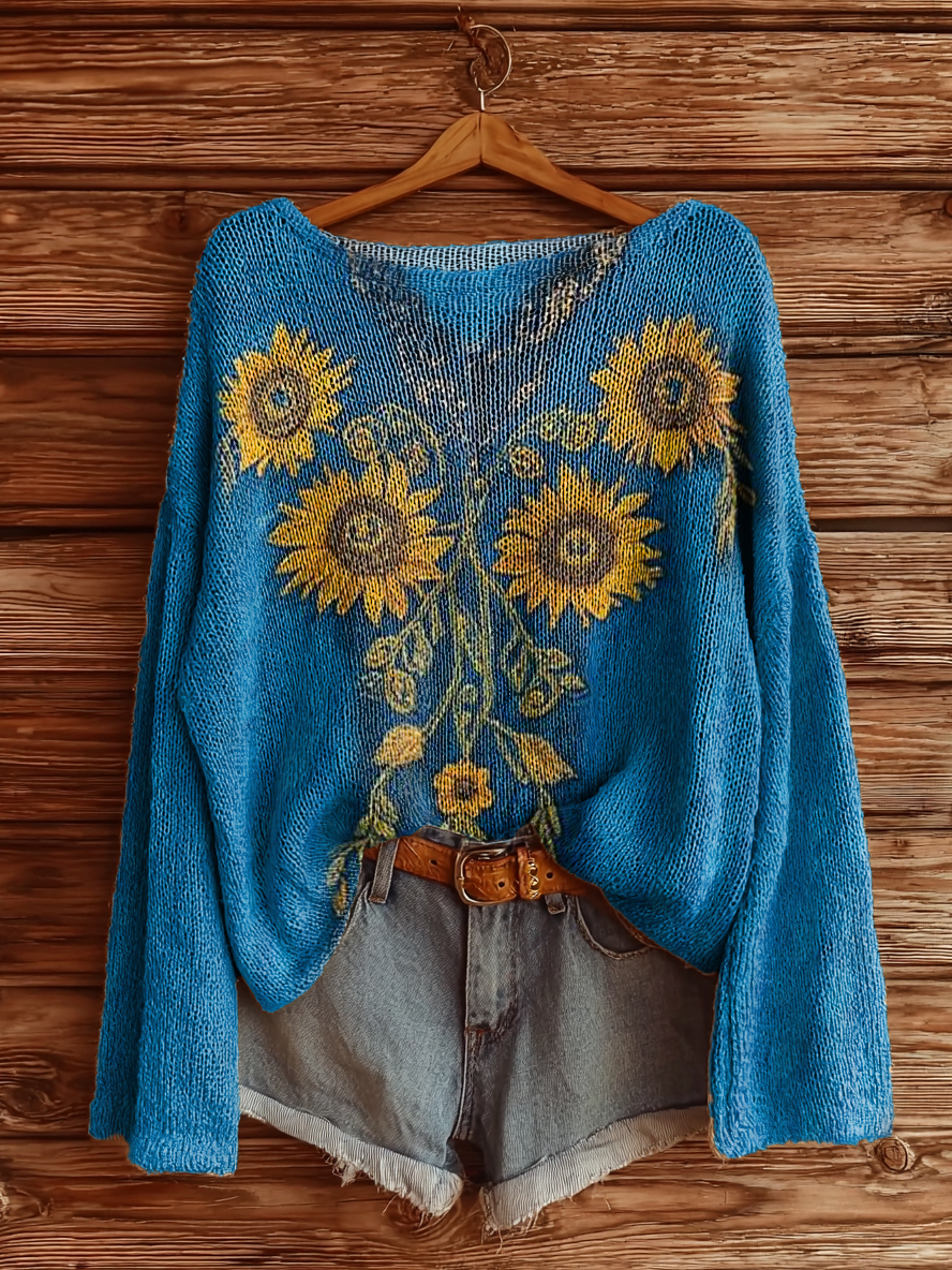 Women's Vintage Ethnic Floral Art Print Casual Pullover Sweater-tidenox