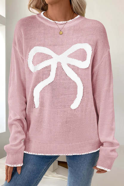 Christmas Contrasting Color Big Bow Round Neck Long Sleeve Loose Knitted Sweater