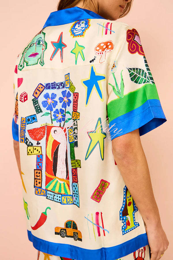 Vibrant Beach Satin Unique Print Colorblock Trim Button Down Oversized Blouse-tidenox