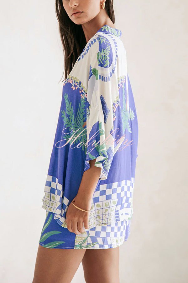 Balmy Summer Nights Unique Print Loose Shirt and Elastic Waist Wrap Lace-up Skirt Set-tidenox