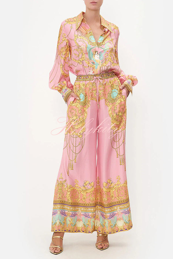 Mermaid Motel Unique Print Long Sleeve Loose Shirt and Elastic Waist Pants Set-tidenox