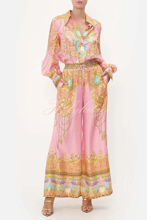 Mermaid Motel Unique Print Long Sleeve Loose Shirt and Elastic Waist Pants Set-tidenox